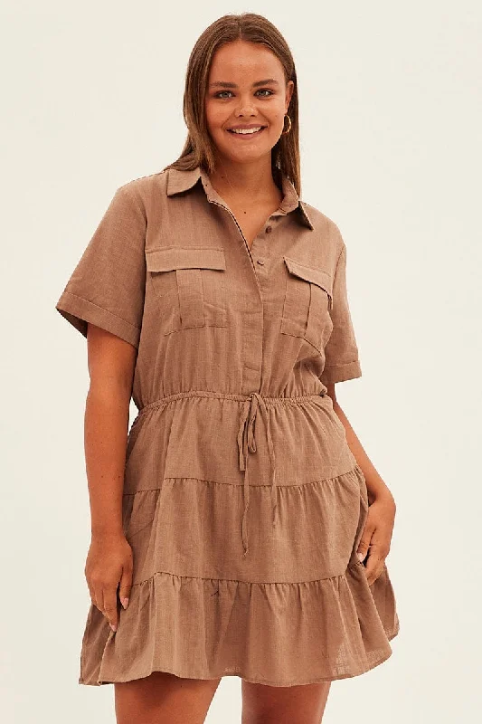 Lace Vintage Mini Dresses-Brown Cargo Shirtdress Short Sleeve Cotton Mini