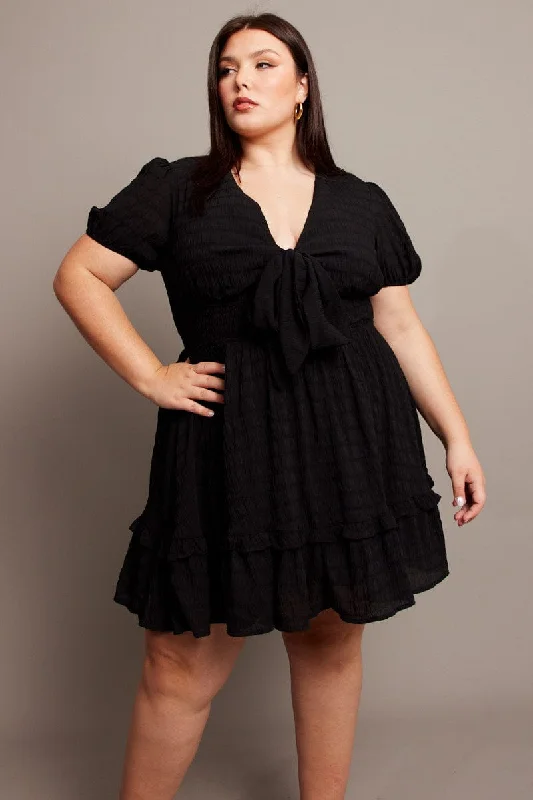 Halter Casual Mini Dresses-Black Tie Front Textured Frill Hem Minidress