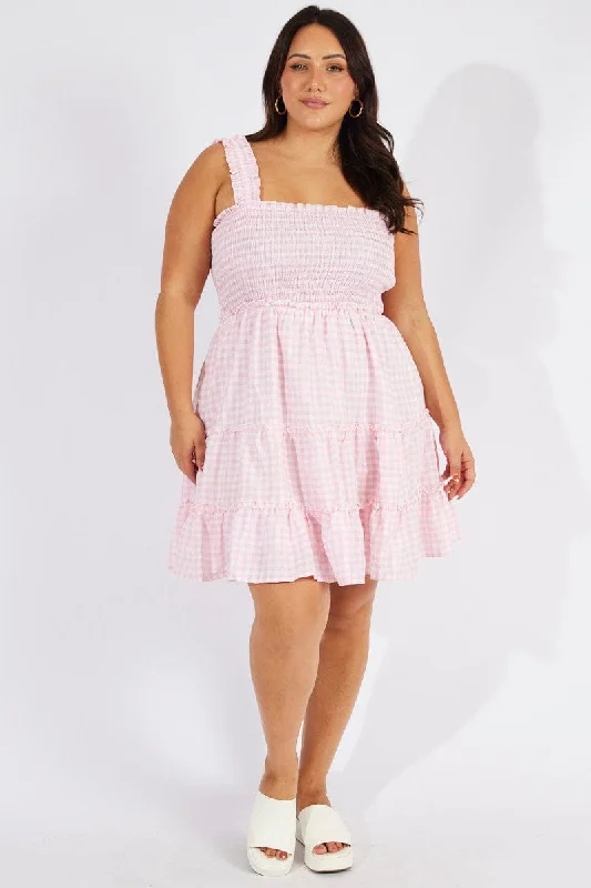 Beaded Summer Mini Dresses-Pink Check Shirred Minidress Gingham