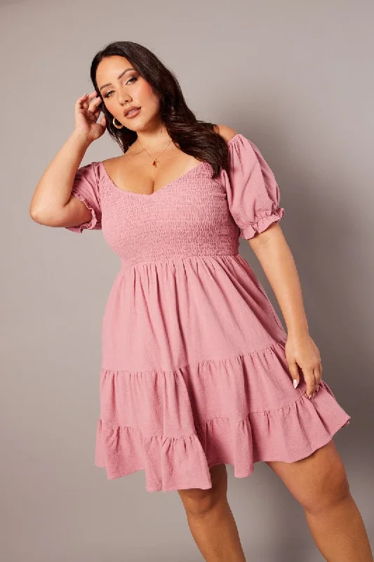 Maternity Vintage Mini Dresses-Pink Cotton Shirred Bodice Minidress