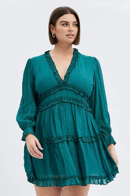 Designer Club Mini Dresses-Green Mini Dress Textured Chiffon Frill Long Sleeve