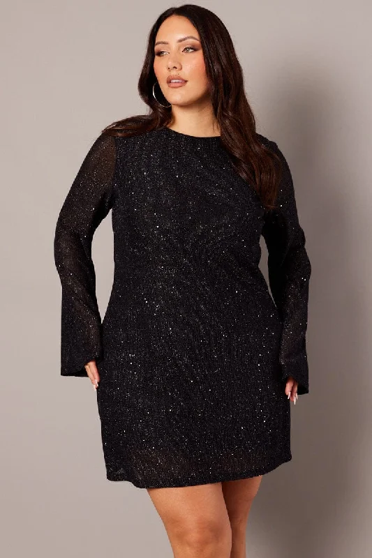 Strapless Work Mini Dresses-Black Sparkle Flare Sleeve Cowl Low Back Minidress