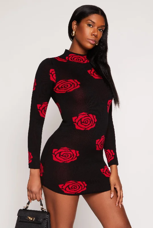 Teens Party Mini Dresses-Rose Print Mini Sweater Dress