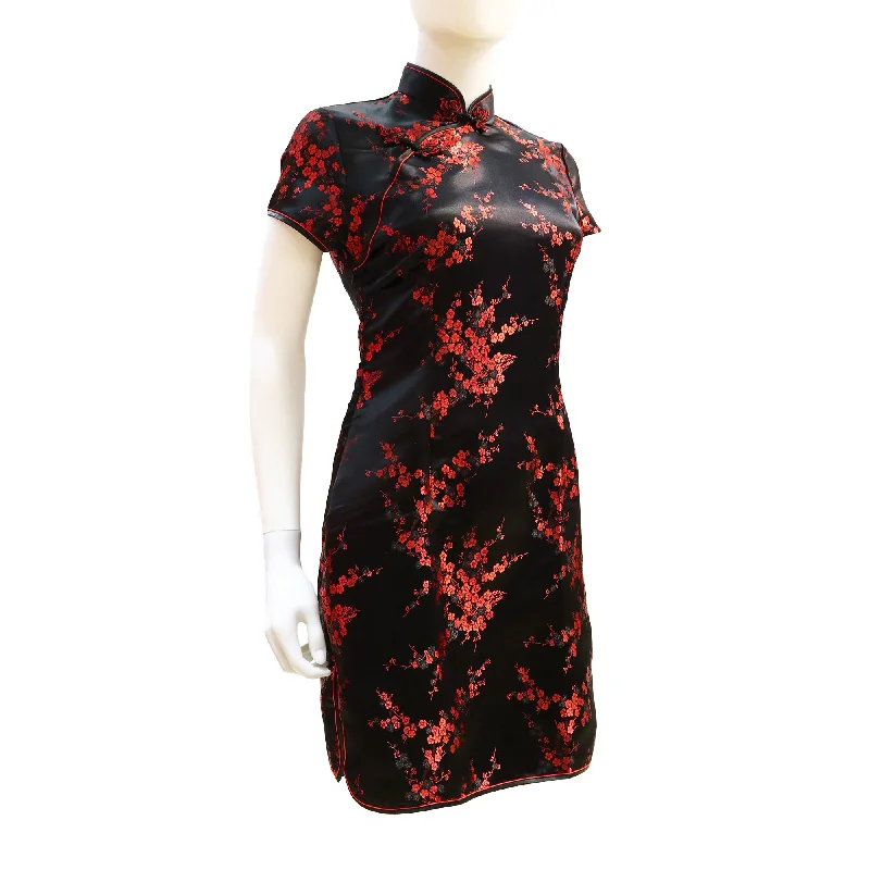 Orange Mini Dresses-Short Sleeve Mini Qipao with Red Blossoms - Black