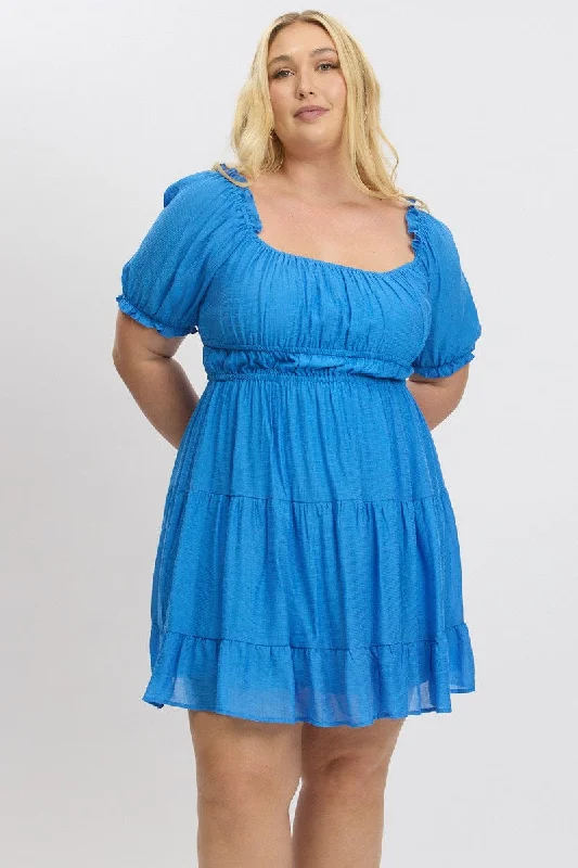 Strapless Formal Mini Dresses-Blue Scoop Neck Frill Sleeve Minidress