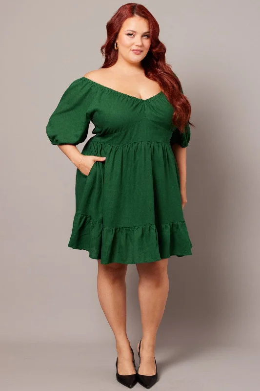 Designer Casual Mini Dresses-Green Tiered Mini Dress Shirred Back With Pockets