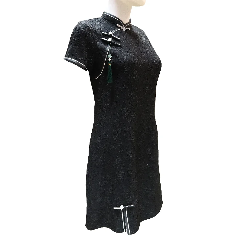 Velvet Mini Dresses-Short Sleeve Mini Qipao with Floral Print - Onyx