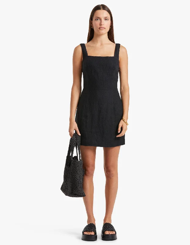 Polka Dot Mini Dresses-Linen Square Neck Mini Dress - Black