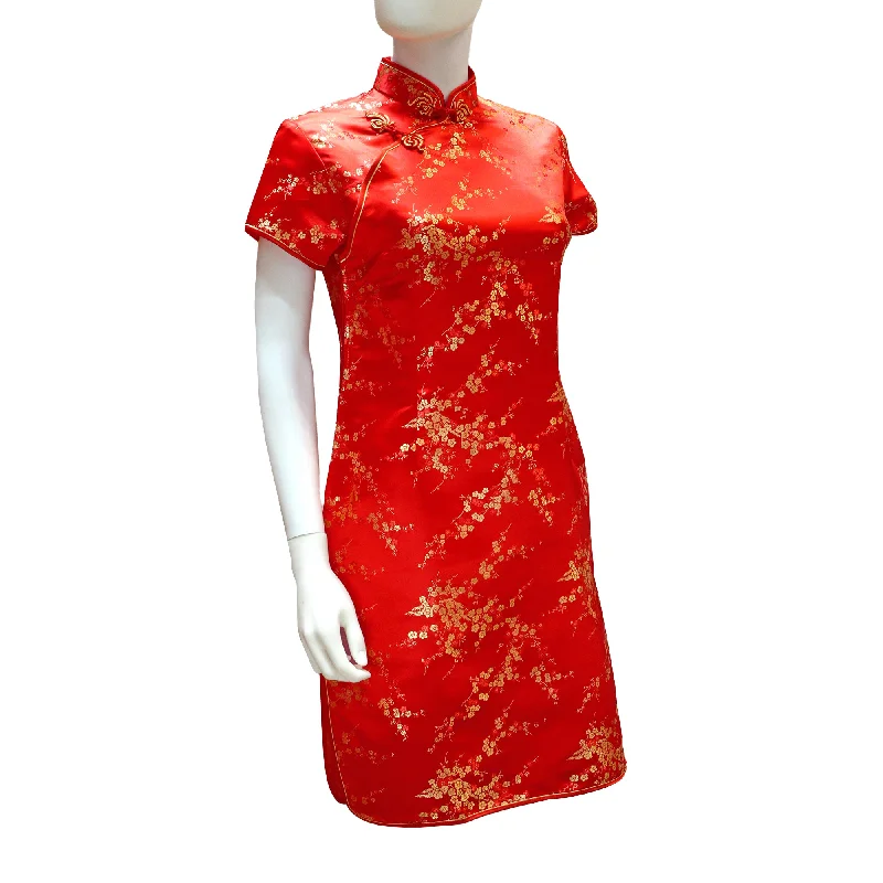 Silk Mini Dresses-Short Sleeve Mini Qipao with Gold Blossoms - Red