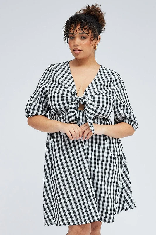 Velvet Club Mini Dresses-Black Check Mini Dress Tie Gingham Puff Sleeve