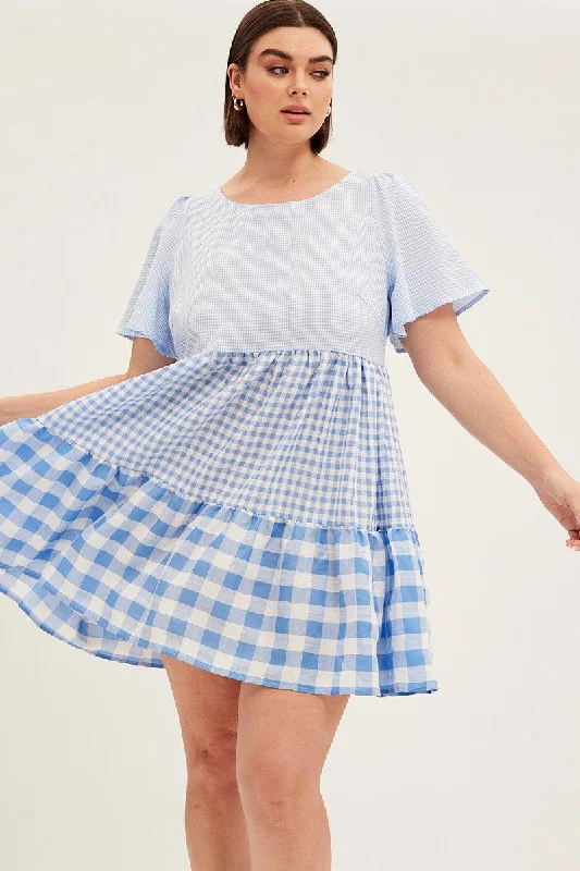 Winter Mini Dresses-Blue Check Relaxed Dress Short Sleeve Mini Tiered