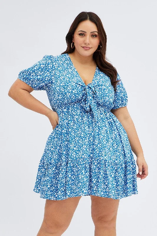 Chiffon Club Mini Dresses-Blue Ditsy Mini Dress Puff Sleeve Tie Front