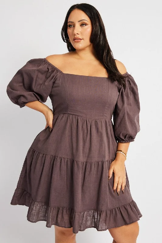 Plus Size Formal Mini Dresses-Brown Square Neck Puff Sleeve Minidress