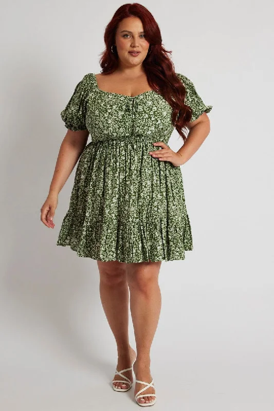 Plus Size Boho Mini Dresses-Green Tie Front Minidress