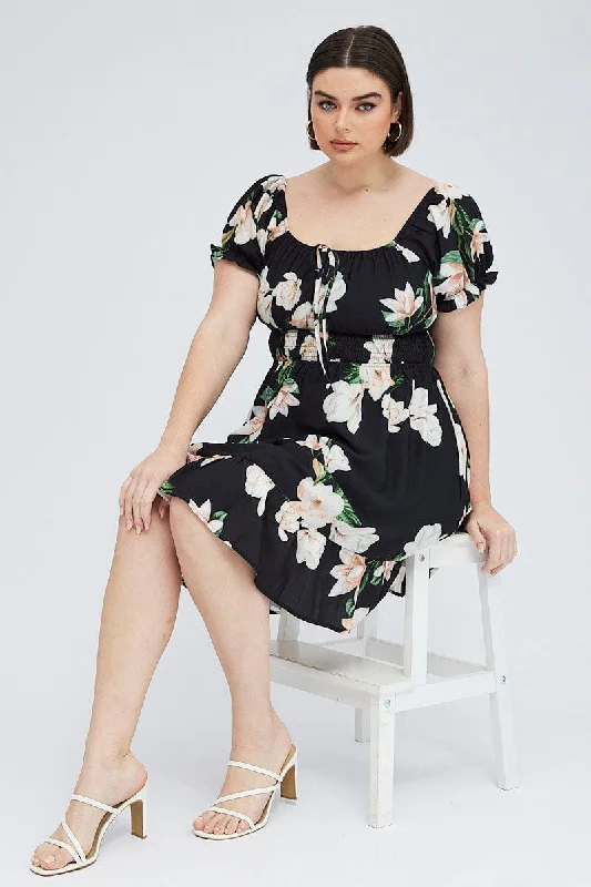 Chiffon Winter Mini Dresses-Black Floral Mini Dress Short Sleeve Gathered Bust