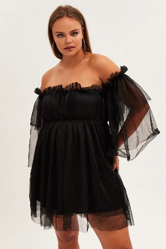 Long Sleeve Boho Mini Dresses-Black Party Dress Off-shoulder Mini Tulle