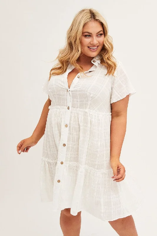 Women Formal Mini Dresses-White Mini Dress Short Sleeve Button Front Textured