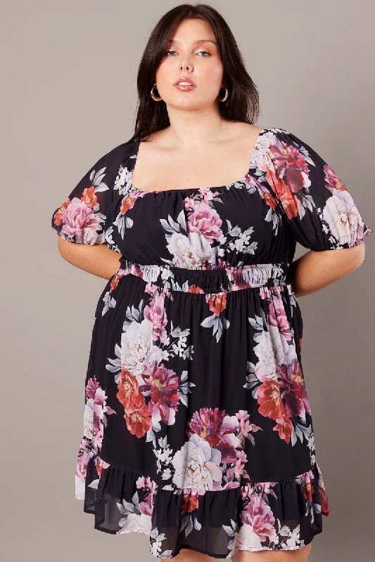 Sexy Date Mini Dresses-Black Floral Puff Sleeve Minidress Elastic Waist Detail