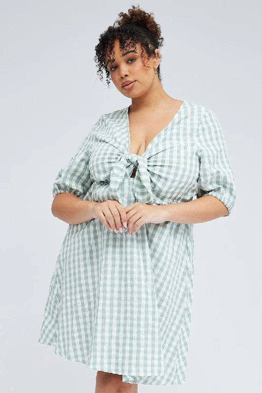 Summer White Mini Dresses-Green Check Mini Dress Tie Gingham Puff Sleeve