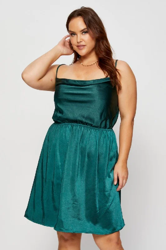 Designer Green Mini Dresses-Green Mini Satin Dress Cowl Neck Sleeveless