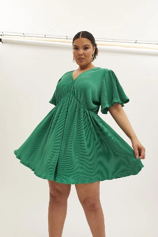 Strapless Summer Mini Dresses-Green Mini Dress V-neck Short Sleeve Plisse