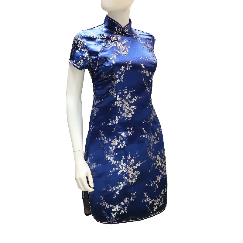 Silver Mini Dresses-Short Sleeve Mini Qipao with White Blossoms - Blue