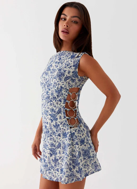 Teens Vintage Mini Dresses-Indigo Bloom Linen Mini Dress - Blue Paisley