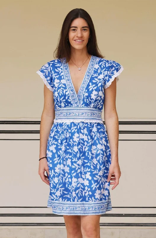 Ruffle Beach Mini Dresses-Pippa Block Print Mini Dress | Japanese Flower Cobalt