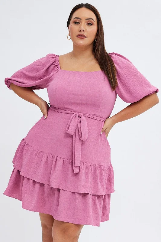 High Neck Boho Mini Dresses-Pink Mini Dress Short Puff Sleeve Textured Waist Tie