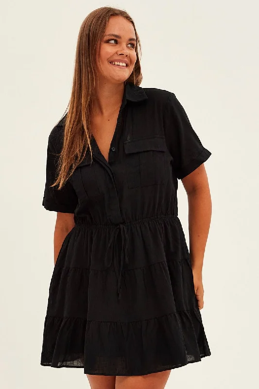 Petite Party Mini Dresses-Black Cargo Shirtdress Short Sleeve Cotton Mini