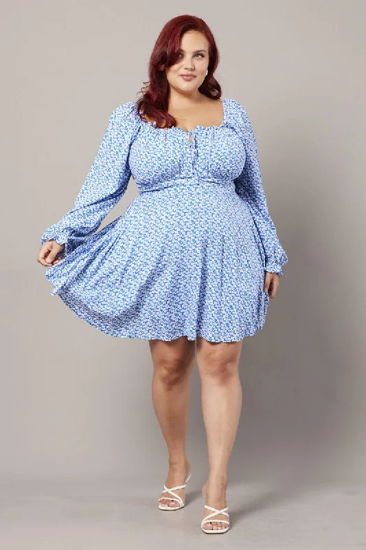 Plus Size Beach Mini Dresses-Blue Ditsy Long Sleeve Tie Mini Dress