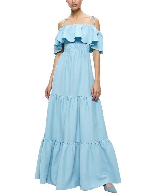 Blue Cotton Midi Dresses-alice + olivia Kia Off Shoulder Tiered Linen-Blend Midi Dress