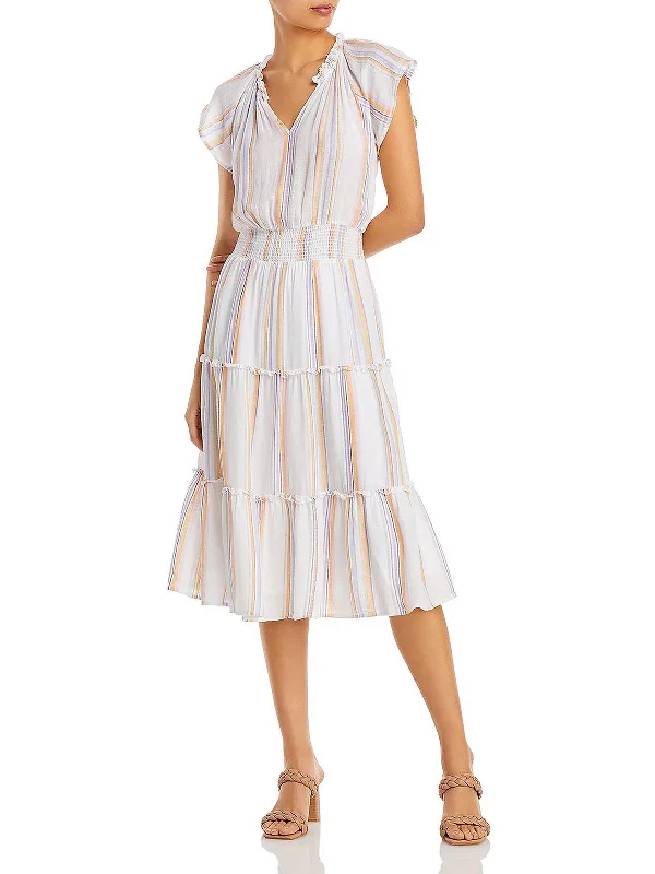 Elegant Vintage Midi Dresses-Amellia Womens Linen Blend Ruffled Midi Dress