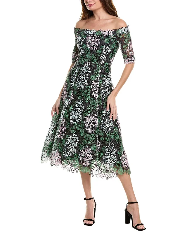 Date Midi Dresses-Teri Jon by Rickie Freeman Off-The-Shoulder Lace Midi Dress