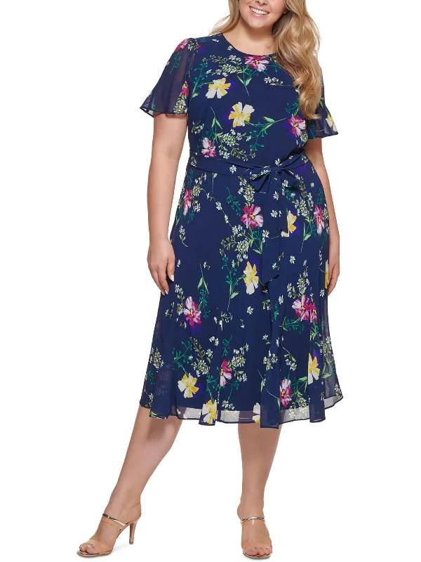 Mesh Vintage Midi Dresses-Plus Womens Floral Print Midi Dress