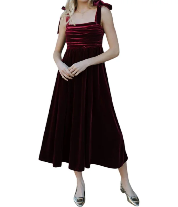 Winter Knit Midi Dresses-Velvet Tie Strap Midi Dress In Burgundy