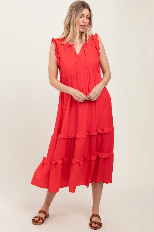 Strapless Party Midi Dresses-Red Ruffle Accent Tiered Front Tie Midi Dress