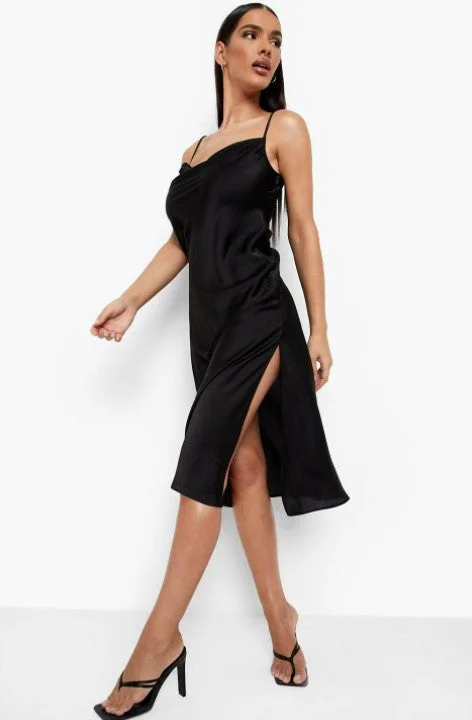 Plaid Club Midi Dresses-Black Satin Strappy Side Split Midi Slip Dress