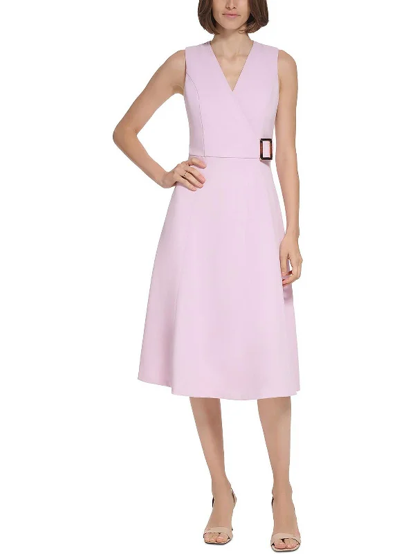 Pink Casual Midi Dresses-Womens Crepe Belted Midi Dress