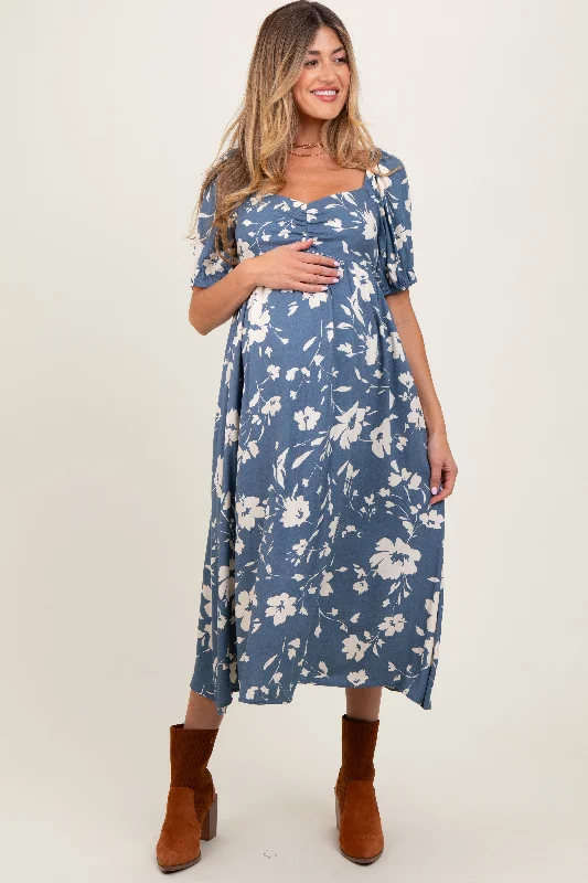 Designer Club Midi Dresses-Light Navy Floral Sweetheart Neckline Maternity Midi Dress