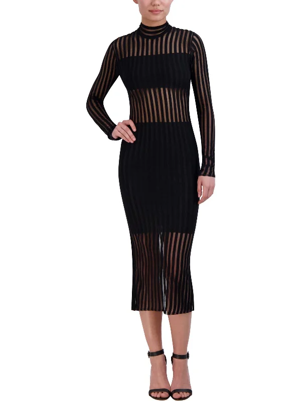 Work Grey Midi Dresses-Womens Sheer Striped Midi Dress