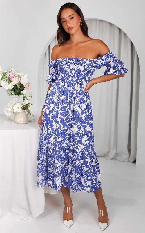 Sleeveless Vintage Midi Dresses-Ayesha Midi Dress - Blue Print