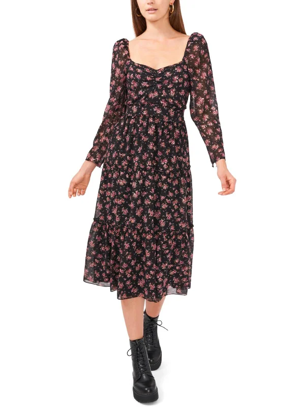 Date Midi Dresses-Womens Chiffon Floral Midi Dress