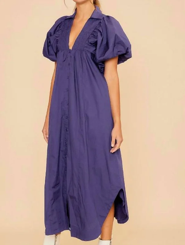 Petite Beach Midi Dresses-Smock Detail V Neck Puff Sleeve Midi Dress In Periwinkle