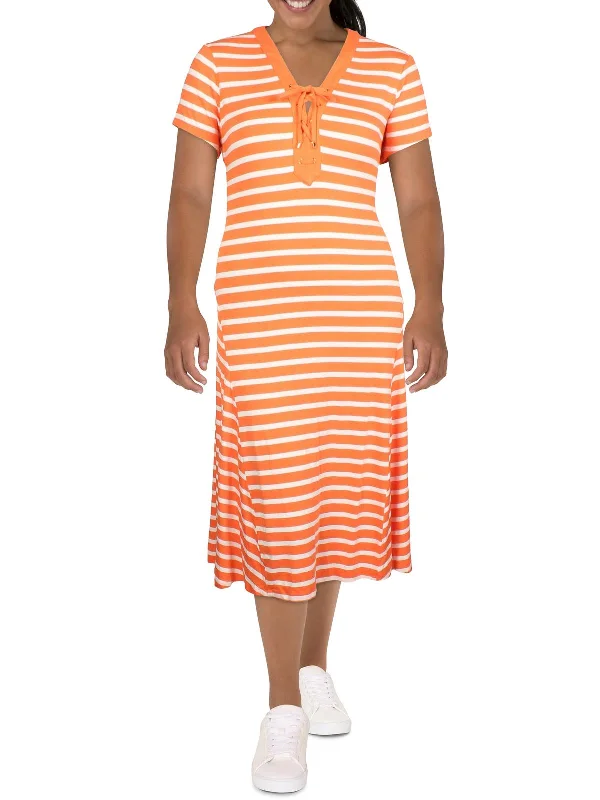 Festival Midi Dresses-Womens Striped Lace-Up Midi Dress