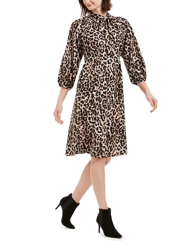 Yellow Winter Midi Dresses-Womens Bishop Sleeve Animal Print Midi Dress