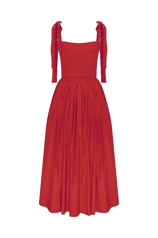 Mesh Ruffle Midi Dresses-Sibby Midi Dress in Rouge