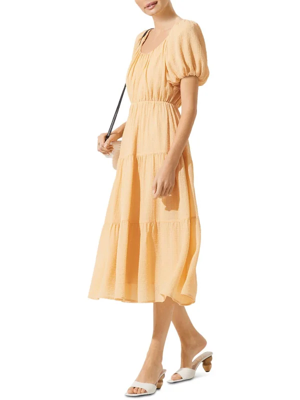 Satin Casual Midi Dresses-Womens Tiered Short Sleeves Midi Dress