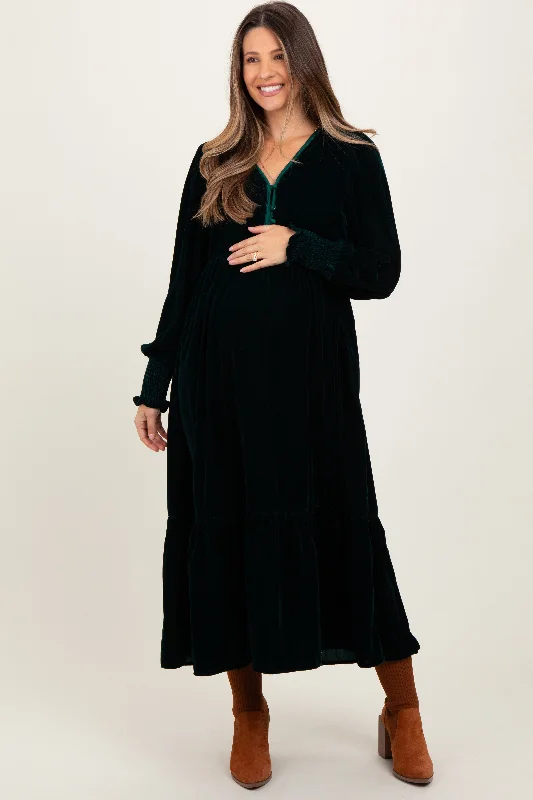 Velvet Midi Dresses-Forest Green Velvet Button Accent Smocked Sleeve Maternity Midi Dress