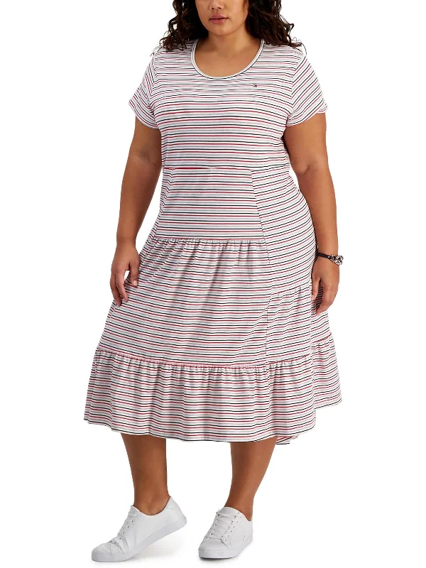 Maternity Vintage Midi Dresses-Plus Womens Striped Tiered Midi Dress